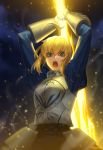  1girl ahoge armor armored_dress arms_up artist_name artoria_pendragon_(all) blonde_hair eirashard excalibur fate/stay_night fate_(series) faulds gauntlets green_eyes hair_between_eyes holding holding_sword holding_weapon long_sleeves looking_at_viewer medium_hair open_mouth saber sidelocks solo standing sword weapon 