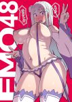  1girl bangs braid breasts cowboy_shot double_v emilia_(re:zero) flower french_braid hair_flower hair_ornament large_breasts long_hair looking_at_viewer midriff navel nipple_slip nipples purple_eyes re:zero_kara_hajimeru_isekai_seikatsu red_background silver_hair slingshot slingshot_swimsuit solo swimsuit tetrodotoxin thighhighs thighs v white_legwear x_hair_ornament 