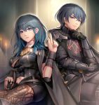  1boy 1girl armor blue_eyes blue_hair byleth cape dual_persona fire_emblem fire_emblem:_fuukasetsugetsu gloves gonzarez highres long_hair looking_at_viewer short_hair simple_background smile thighhighs upper_body 