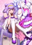  1girl :d absurdres bangs between_legs bow collar collarbone cure_amour floating_hair gloves hairband hand_between_legs hand_on_own_cheek highres hugtto!_precure long_hair looking_at_viewer makeup mascara off-shoulder_shirt off_shoulder open_mouth precure pumps purple_bow purple_eyes purple_footwear purple_hair purple_shorts ruru_amour shiny shiny_hair shirt short_shorts shorts shoulder_cutout sitting smile solo sparkle takllou thighhighs thighs very_long_hair white_gloves white_legwear white_shirt yellow_hairband zettai_ryouiki 