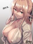  1girl areolae bangs blonde_hair blush breasts character_name cleavage collarbone collared_shirt dated elf green_eyes hair_ribbon hiruno large_breasts long_hair looking_at_viewer nipples open_clothes open_mouth open_shirt original pointy_ears ribbon shirt sidelocks signature solo upper_body white_shirt 