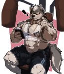  2019 abs anthro balls blush bottomwear bulge canid canine canis clothing eyewear glasses gym_equipment headphones hi_res kenaihand male mammal midriff muscular muscular_male navel pecs penis_outline phone shorts sitting wolf 