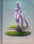  4_fingers abs anthro areola black_pupils blue_scales dragon female grey_areola grey_nipples hair hi_res horn long_ears long_neck looking_at_viewer navel nipples nude pussy pustyxox scales scalie solo standing white_eyes white_hair 