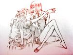  2others bob_cut closed_eyes crystal_hair gem_uniform_(houseki_no_kuni) highres houseki_no_kuni interlocked_fingers long_hair maki_keigo multiple_others necktie padparadscha_(houseki_no_kuni) shoes short_hair short_sleeves shorts sitting thighhighs traditional_media very_long_hair yellow_diamond_(houseki_no_kuni) 