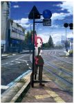  1girl blue_sky boots building commentary_request folded_ponytail full_body gloves high_heel_boots high_heels highres kemurikusa long_sleeves looking_at_viewer looking_back plant red_eyes red_hair rin_(kemurikusa) road_sign ruins sat-c scarf short_hair sign sky solo tree vest white_scarf white_vest 
