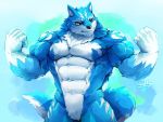  2019 4:3 abs anthro biceps big_muscles canid canine canis clothing digital_media_(artwork) fur male mammal muscular muscular_male pecs simple_background waddledox wolf 