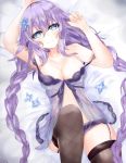  1girl bed bimmy black_legwear blue_eyes blush braid breasts flower from_above hair_flower hair_ornament highres lingerie looking_at_viewer lying medium_breasts neptune_(series) on_back on_bed purple_hair purple_heart smile solo thighhighs twin_braids underwear 