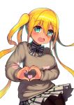  1girl :d absurdres bangs black_shirt blend_s blonde_hair blush bow breasts brown_legwear brown_sweater collared_shirt eyebrows_visible_through_hair green_eyes hair_between_eyes hair_ornament heart heart_hair_ornament highres hinata_kaho large_breasts leonat long_hair long_sleeves looking_at_viewer open_mouth pantyhose plaid plaid_skirt pleated_skirt puffy_long_sleeves puffy_sleeves school_uniform shirt sidelocks simple_background skirt sleeves_past_wrists smile solo sparkling_eyes striped striped_bow sweater tan twintails very_long_hair white_background white_bow white_skirt 