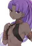  1girl assassin_(fate/zero) bangs bare_shoulders breasts closed_mouth collarbone dark_skin earrings eyebrows_visible_through_hair fate/zero fate_(series) female_assassin_(fate/zero) hoop_earrings i.u.y jewelry lifted_by_self long_hair parted_bangs ponytail purple_eyes purple_hair simple_background small_breasts solo upper_body very_long_hair white_background 