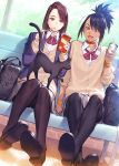  2girls aikawa_ren animal animal_on_lap azusa_(hws) bag black_hair black_legwear bracelet brown_eyes brown_hair bus_stop cardigan cat cat_on_lap character_request choker collared_shirt commentary_request crossed_ankles cup dark_skin dutch_angle eating food hair_over_one_eye high_ponytail jewelry legs loafers looking_at_animal miru_tights multiple_girls open_mouth pantyhose pleated_skirt pocky red_choker school_bag school_uniform shirt shoes sitting skirt 