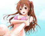  1girl bare_arms bare_shoulders bikini blush breasts brown_eyes brown_hair chuunibyou_demo_koi_ga_shitai! cleavage collarbone commentary_request from_below hair_between_eyes hair_ornament hairclip highres large_breasts long_hair looking_at_viewer nibutani_shinka one_side_up pink_bikini pink_bikini_top saateen_(tsubame-project13) side_ponytail solo swimsuit 