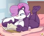  3_toes bed book bow female fifi_la_fume fur furboz hair hair_over_eye headphones mammal mephitid multicolored_fur nude purple_fur purple_hair skunk smile solo tiny_toon_adventures toes warner_brothers white_fur 