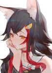  1girl animal_ear_fluff animal_ears bare_shoulders black_hair blush choker collarbone commentary detached_sleeves face hair_ornament hairclip head_on_hand hololive izumi_sai long_hair nose_blush ookami_mio parted_lips portrait red_choker red_hair simple_background sketch solo virtual_youtuber white_background wolf_ears yellow_eyes 