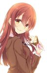  1girl amidada bangs blazer blush brown_eyes brown_hair brown_jacket closed_mouth diagonal_stripes eyebrows_visible_through_hair food hair_between_eyes hand_up highres holding holding_food ice_cream ice_cream_cone idolmaster idolmaster_shiny_colors jacket long_hair long_sleeves looking_at_viewer looking_to_the_side oosaki_tenka school_uniform shirt simple_background smile soft_serve solo striped very_long_hair wavy_mouth white_background white_shirt 