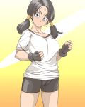  1girl bike_shorts black_hair blue_eyes breasts closed_mouth commentary_request dragon_ball fingerless_gloves gloves highres looking_at_viewer medium_hair mizu_kane shirt solo twintails videl white_shirt 