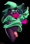  &lt;3 2019 akazulla anthro black_fur blush bottomless bovid caprine clothed clothing deltarune eyewear fur glans glasses goat hat headgear headwear hi_res humanoid_penis looking_at_viewer male mammal open_mouth penis ralsei robe scarf simple_background solo video_games 