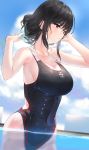  1girl armpits bare_arms bare_shoulders black_hair black_swimsuit blue_sky blurry breasts cleavage cloud competition_swimsuit cowboy_shot day hair_ribbon hands_up highres holding kfr large_breasts long_hair looking_away one-piece_swimsuit original outdoors purple_eyes ribbon sidelocks sky solo sunlight swimsuit thighs wading water 