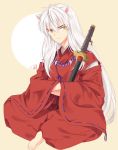  1boy animal_ears crossed_arms dog_ears hair_between_eyes haori highres indian_style inuyasha inuyasha_(character) istriri japanese_clothes jewelry long_hair looking_to_the_side necklace signature sitting smirk solo sword weapon white_background white_hair wide_sleeves yellow_eyes 