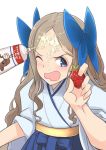  1girl asakaze_(kantai_collection) bangs blue_bow blue_hakama bow commentary_request cream food forehead fruit furisode hair_bow hakama japanese_clothes kantai_collection kimono light_brown_hair long_hair looking_at_viewer meiji_schoolgirl_uniform one_eye_closed open_mouth parted_bangs sidelocks simple_background solo strawberry upper_body wavy_hair wavy_mouth white_background yuzuruka_(bougainvillea) 
