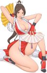  1girl arm_up breasts brown_eyes brown_hair cleavage collarbone fan fatal_fury full_body highres holding long_hair looking_at_viewer ninja open_mouth revealing_clothes shigenobu shiranui_mai simple_background sleeveless smile solo the_king_of_fighters thighs white_background 
