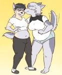  2019 anthro barefoot belly better_version_at_source black_hair blush breasts canid canine canis clothed clothing cute_fangs duo face_lick female fur grey_fur grey_hair hair human human_to_anthro licking mammal one_eye_closed simple_background slightly_chubby species_transformation standing subakitsu sweat sweatdrop tailwag tongue tongue_out transformation were werecanid werecanine werewolf wolf 