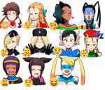  &gt;_&lt; 6+girls :d black_hair blonde_hair blush brown_hair cammy_white chun-li closed_eyes closed_mouth drooling emoji eye_(mememem) eyebrows_visible_through_hair falke_(street_fighter) hair_ornament han_juri heart highres ibuki_(street_fighter) kanzuki_karin kasugano_sakura kolin laura_matsuda long_hair looking_at_viewer menat multiple_girls open_mouth rainbow_mika short_hair side_ponytail simple_background sleeping smile street_fighter street_fighter_v sweatdrop thinking twintails white_background xd zzz 