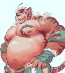  anthro bottomwear clothing episode0006 felid fur green_eyes hi_res hombretigre male mammal multicolored_fur musclegut navel nipples orange_fur overweight pantherine pecs solo striped_fur stripes tan_fur tiger tokyo_afterschool_summoners two_tone_fur video_games 