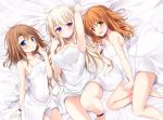  3girls :d :o arm_up armpits barefoot bed_sheet blue_eyes blush breasts brown_hair cleavage commentary_request dress dress_tug from_above highres large_breasts long_hair looking_at_viewer lying medium_breasts multiple_girls on_back on_side open_mouth original revision sasahara_wakaba short_dress silver_hair sleeveless sleeveless_dress small_breasts smile sundress twintails very_long_hair white_dress yellow_eyes 