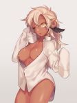  1girl animal_ears areolae bottomless breasts curled_horns dark_skin dotsuco dress_shirt goat_ears goat_eyes goat_girl goat_horns grey_background hair_between_eyes horns inverted_nipples large_breasts long_hair looking_at_viewer messy_hair monster_girl naked_shirt no_bra one_eye_closed open_clothes open_shirt original oversized_clothes oversized_shirt parted_lips scar scar_across_eye shirt sleeves_past_fingers sleeves_past_wrists smile solo white_hair white_shirt yellow_eyes 