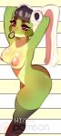  amphibian amphibian_humanoid animal_humanoid anthro blush breasts butt frog frog_humanoid gero_(higgyy) green_skin hair higgyy humanoid looking_at_viewer thick_thighs white_hair 