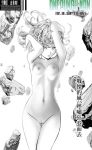  arms_up ateoyh blush breasts commentary commentary_request cover curly_hair looking_at_viewer monochrome nipples nude one-punch_man pussy rock shiny shiny_skin small_breasts solo standing tatsumaki 