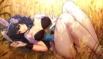  1girl alternate_costume animal_ears ass blue_eyes blue_hair breasts bunny_ears bunnysuit esther fire_emblem fire_emblem:_kakusei fire_emblem_heroes grass head_tilt knees_up legs_together long_hair looking_at_viewer lucina lying on_back shade solo sunlight tall_grass 