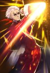  1boy bangs_pinned_back chinese_clothes clenched_hands commentary_request elbow_strike fate/grand_order fate_(series) glowing jacket li_shuwen_(fate/grand_order) li_shuwen_(koha-ace) long_sleeves martial_arts red_jacket solo standing sunglasses tomoyohi upper_body white_hair 