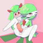  2girls against_wall anus bar_censor blush censored cum cum_in_pussy disembodied_penis gardevoir heart heart-shaped_pupils highres holding_leg kirlia looking_at_another looking_at_viewer multiple_girls penis pokemon red_eyes sitting smile spread_legs sweat symbol-shaped_pupils user_xucc8352 vaginal 