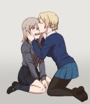  2girls bangs black_footwear black_legwear black_skirt blonde_hair blue_eyes blue_skirt blue_sweater braid commentary consoling crying crying_with_eyes_open darjeeling dress_shirt eyebrows_visible_through_hair forehead_kiss girls_und_panzer grey_background grey_shirt half-closed_eyes hands_on_another&#039;s_head itsumi_erika kiss kneeling kuromorimine_school_uniform leaning_forward loafers long_hair long_sleeves looking_at_another miniskirt multiple_girls pantyhose pleated_skirt sad school_uniform shirt shoes short_hair silver_hair simple_background sitting skirt socks st._gloriana&#039;s_school_uniform sweater tears tied_hair torinone v_arms wariza white_shirt yuri 