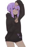  &gt;:) 1girl alternate_costume arm_up bangs black_hoodie blush closed_mouth cowboy_shot dark_skin eyebrows_visible_through_hair fate/prototype fate/prototype:_fragments_of_blue_and_silver fate_(series) hair_between_eyes hassan_of_serenity_(fate) hood hood_down hoodie i.u.y long_sleeves puffy_long_sleeves puffy_sleeves purple_eyes purple_hair simple_background sleeves_past_wrists smile solo translation_request v-shaped_eyebrows white_background 