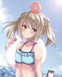  0yukiya0 1girl 2others absurdres artist_logo blue_sky bokukawauso brown_eyes cloud commentary_request creature_on_head day double_bun enemy_lifebuoy_(kantai_collection) hair_bun highres horizon innertube kantai_collection michishio_(kantai_collection) multiple_others ocean otter outdoors short_twintails sky twintails upper_body 