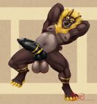  2019 4_toes 5_fingers abs animal_genitalia animal_penis anpii anthro anubian_jackal balls big_balls big_penis black_nose black_penis blonde_hair blue_eyes canid canine canine_penis canis digitigrade erection hair hands_behind_head hungothenomster jackal knot looking_at_viewer male mammal markings musclegut muscular muscular_male neck_tuft nipples nude pecs penis pose simple_background solo standing teeth thick_penis toes tongue tongue_out tuft vein 