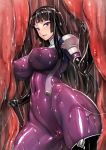  1girl blush bodysuit boots breasts cameltoe covered_nipples cowboy_shot elbow_gloves gloves kamori_sayaka large_breasts latex long_hair looking_at_viewer open_mouth original purple_eyes rindou_(radical_dream) skin_tight solo thigh_boots thighhighs thighs 