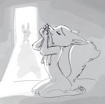  2019 ambiguous_gender anthro belly_tuft canid canine chest_tuft clothing disney duo ear_markings elbow_tufts eyes_closed facial_markings fox fuel_(artist) fur_markings grey_background greyscale hi_res holding_object inside jack_savage knee_tuft kneeling lagomorph leporid mammal markings monochrome nude pawpads rabbit simple_background skye_(zootopia) sniffing solo_focus standing tuft zootopia 