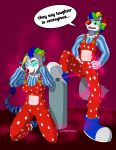  2019 absurd_res air_tank anthro blonde_hair blue_fur blue_hair clothed clothing clown digital_drawing_(artwork) digital_media_(artwork) duo eyes_closed female fur gas green_eyes green_hair grey_fur hair hi_res hyaenid immelmann makeup male mammal markings multicolored_fur multicolored_hair open_mouth red_hair red_nose simple_background smile striped_tail stripes suddenlytsumi transformation 