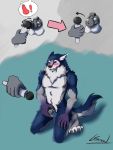  2019 albax anthro balls blush canid canine canis chastity chastity_cage digital_media_(artwork) edging fur hi_res hitachi_magic_wand lynnsnowmew male mammal muscular nude open_mouth orgasm_denial penis sex_toy simple_background submissive_male vibrator wolf worg 
