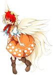  1girl baba_(baba_seimaijo) bird blonde_hair boots chick commentary_request highres looking_at_viewer multicolored_hair niwatari_kutaka open_mouth puffy_short_sleeves puffy_sleeves red_eyes red_hair short_hair short_sleeves touhou two-tone_hair white_background wings 