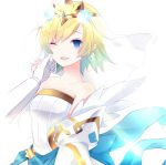  1girl blonde_hair blue_eyes blue_hair bride crown dress earrings fire_emblem fire_emblem_heroes fjorm_(fire_emblem_heroes) flower gloves hair_flower hair_ornament jewelry long_sleeves multicolored_hair one_eye_closed open_mouth rojiura-cat short_hair simple_background solo_focus strapless strapless_dress upper_body veil wedding_dress white_background white_dress white_gloves 