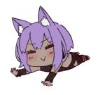  1girl :&gt; =_= animal_ear_fluff animal_ears bangs black_bodysuit blush bodysuit chibi closed_eyes closed_mouth dark_skin eyebrows_visible_through_hair facing_viewer fate/prototype fate/prototype:_fragments_of_blue_and_silver fate_(series) full_body hair_between_eyes hassan_of_serenity_(fate) i.u.y kemonomimi_mode lying on_stomach outstretched_arms purple_hair simple_background solo white_background 