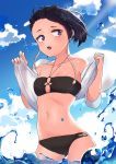  1girl :o bare_shoulders bikini black_bikini black_bikini_bottom black_bikini_top black_hair blue_eyes blue_sky boku_no_hero_academia breasts cable cloud collarbone day highres in_water jirou_kyouka looking_to_the_side navel outdoors shirt shirt_pull short_hair sky small_breasts solo swimsuit water white_shirt zd_(pixiv6210083) 