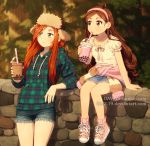  2girls artist_name blush brown_eyes brown_hair closed_mouth collarbone commentary cup dav-19 denim denim_shorts deviantart_username drinking_straw flannel forest freckles gravity_falls green_eyes hairband hat holding holding_cup hood hoodie long_sleeves looking_away mabel_pines multiple_girls nature outdoors red_hair shoes shorts sitting smile sneakers standing summer sunset tumblr_username watermark web_address wendy_corduroy 