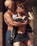  1boy 1girl animal_ears arm_under_breasts bangs black_skirt blue_eyes breasts brick_wall brown_hair covering_mouth final_fantasy final_fantasy_xiv fingerless_gloves gloves jacket large_breasts long_hair looking_at_another miniskirt muscle navel nikita_varb pants restrained short_sleeves skirt stomach thighhighs underboob white_legwear 