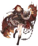  1girl :d belt blonde_hair book chain cloak corset cross-laced_footwear dress extra_arms eyebrows_visible_through_hair frills full_body hair_ribbon hood hood_up ji_no little_red_riding_hood_(sinoalice) looking_at_viewer official_art open_mouth orange_eyes ribbon sinoalice sleeves_past_wrists smile solo spiked_boots thigh_strap torn_cloak torn_clothes transparent_background upper_teeth 