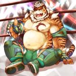  1:1 anthro boots bottomwear bulge clothing felid fighting_ring footwear fur green_eyes hi_res hombretigre jadenord kemono looking_at_viewer male mammal multicolored_fur musclegut muscular muscular_male navel orange_fur pantherine pecs reaching_out sitting solo striped_fur stripes tan_fur tiger tokyo_afterschool_summoners two_tone_fur video_games 